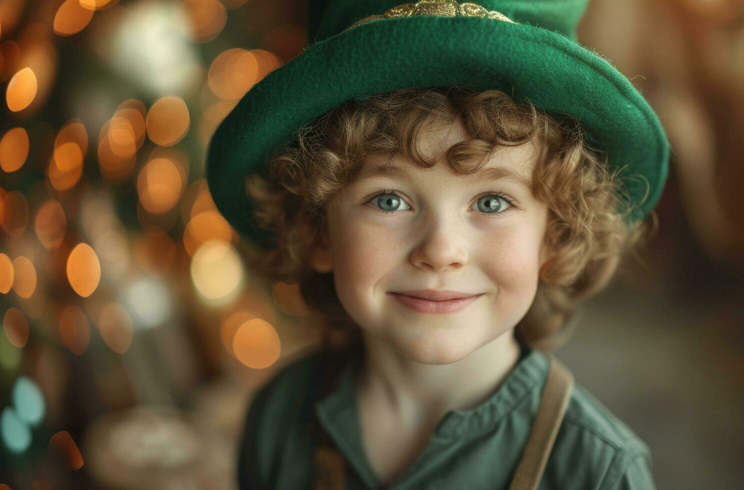 AI generated little boy in green leprechaun hat smiling leprechaun photo