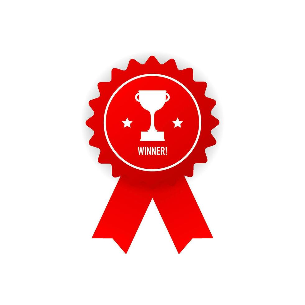 Winner red rubber badge with red ribbon on white background. Realistic object. Vector illustration.