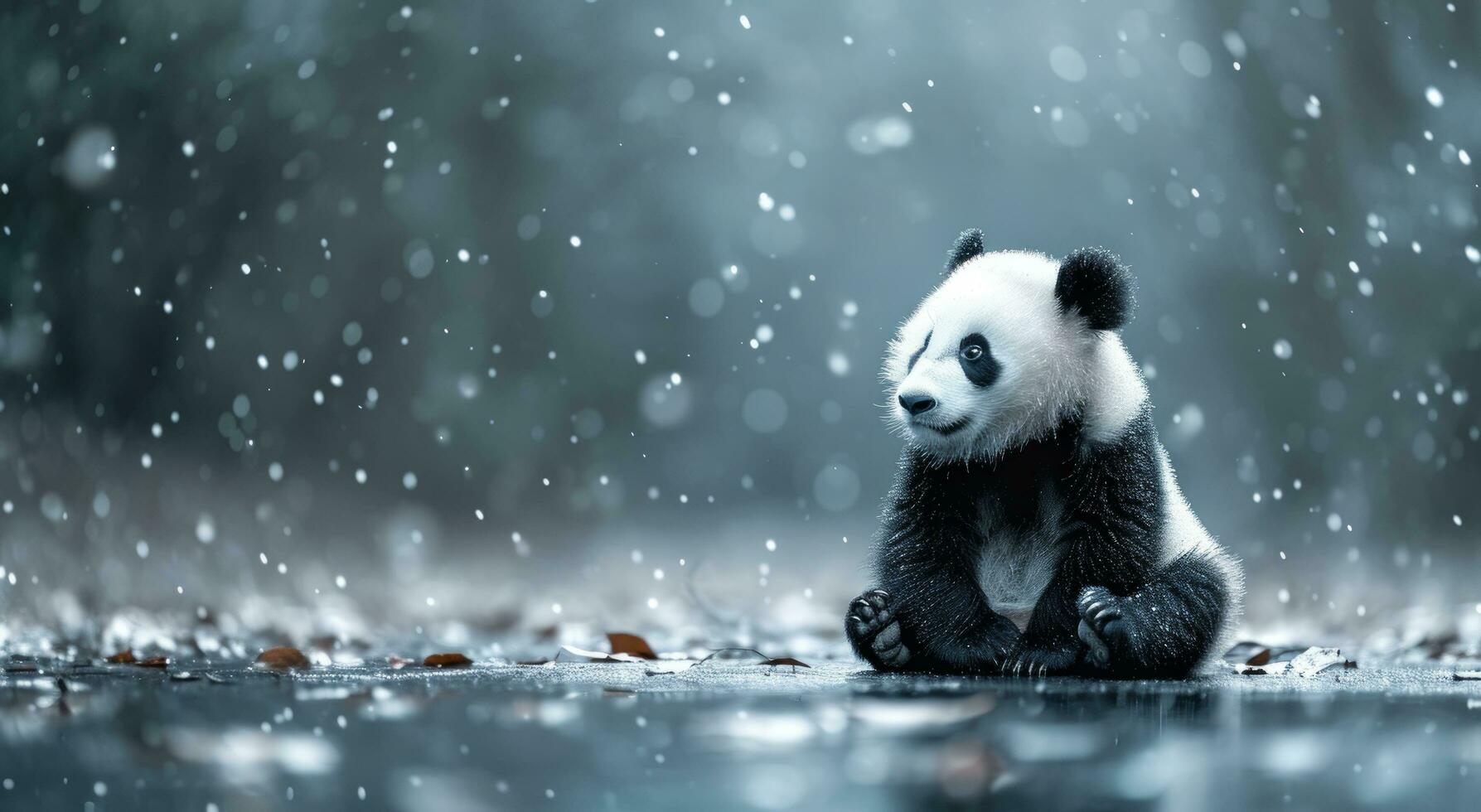 AI generated a black and white stuffed panda sitting next to a shiny bokeh background photo