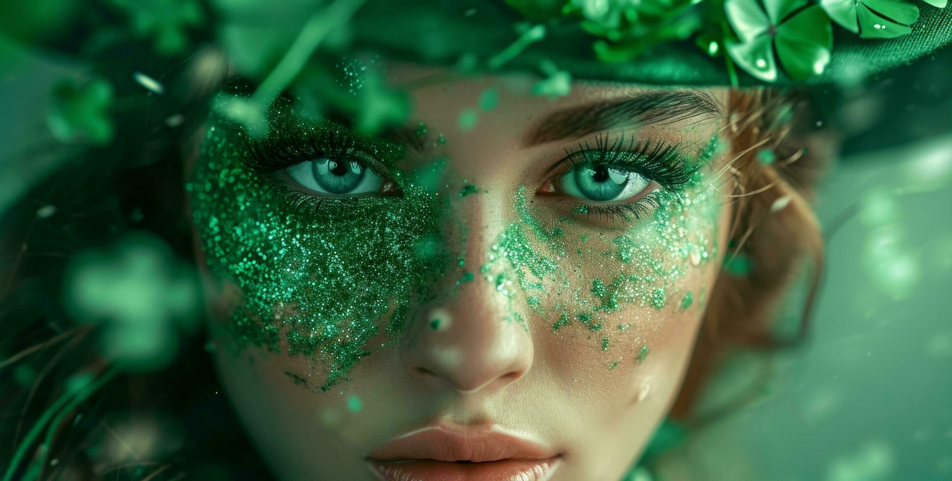 AI generated the woman is dressed in green with a shamrock in her face photo