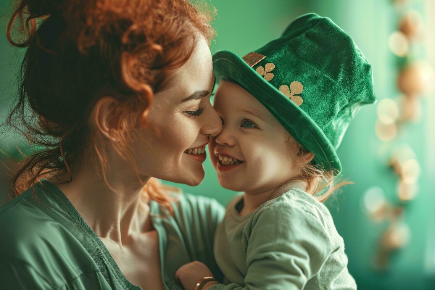AI generated woman gives kid a shamrock hat photo