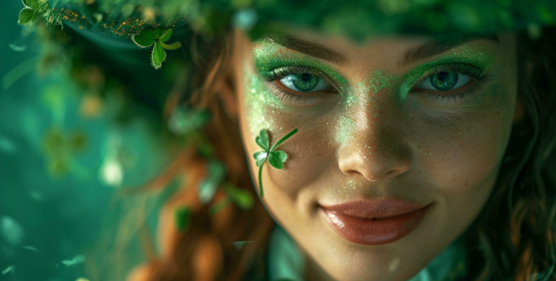 AI generated the woman is dressed in green with a shamrock in her face photo