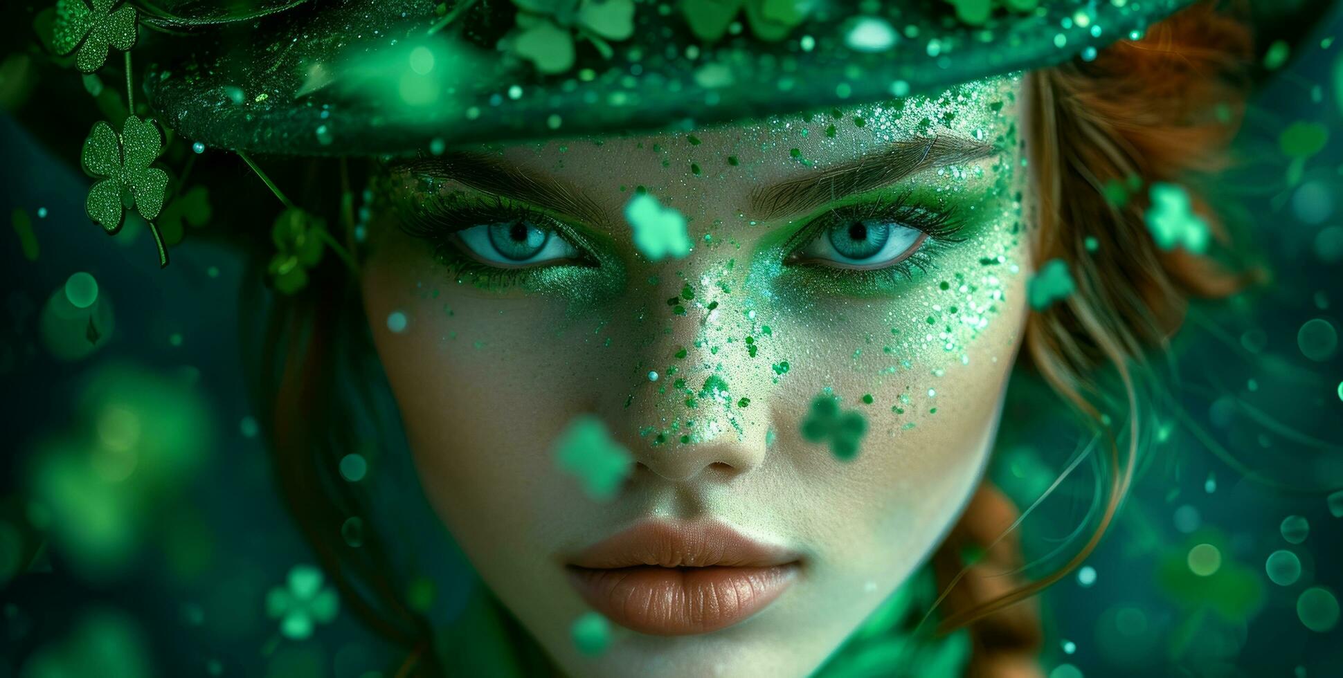 AI generated the woman is dressed in green with a shamrock in her face photo