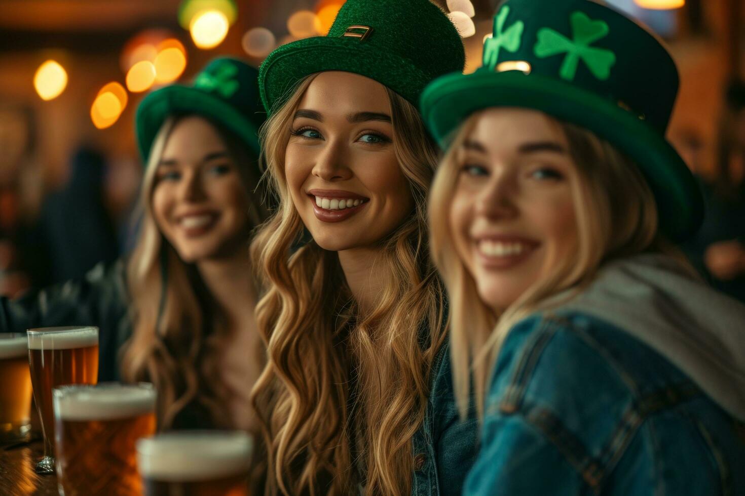 AI generated group of women smiling in st patrick's hats sitting at a bar photo