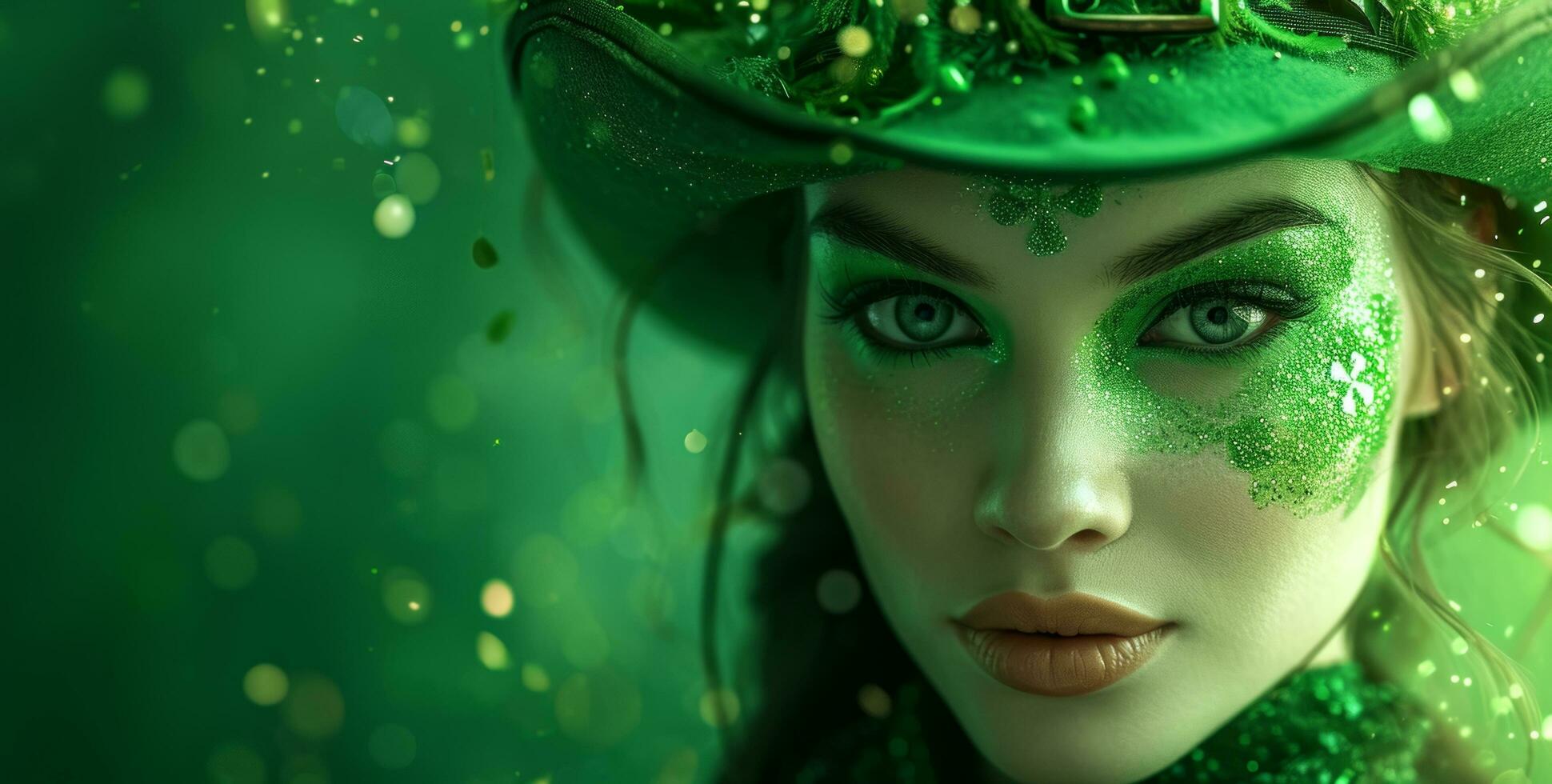 AI generated the woman is dressed in green with a shamrock in her face photo