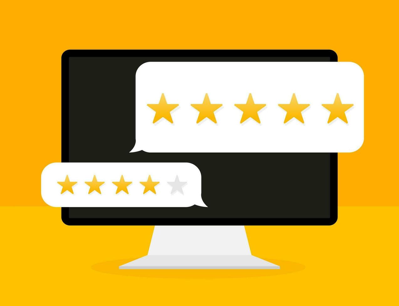 Customer review with gold star icon in laptop screen. Vector illustration.