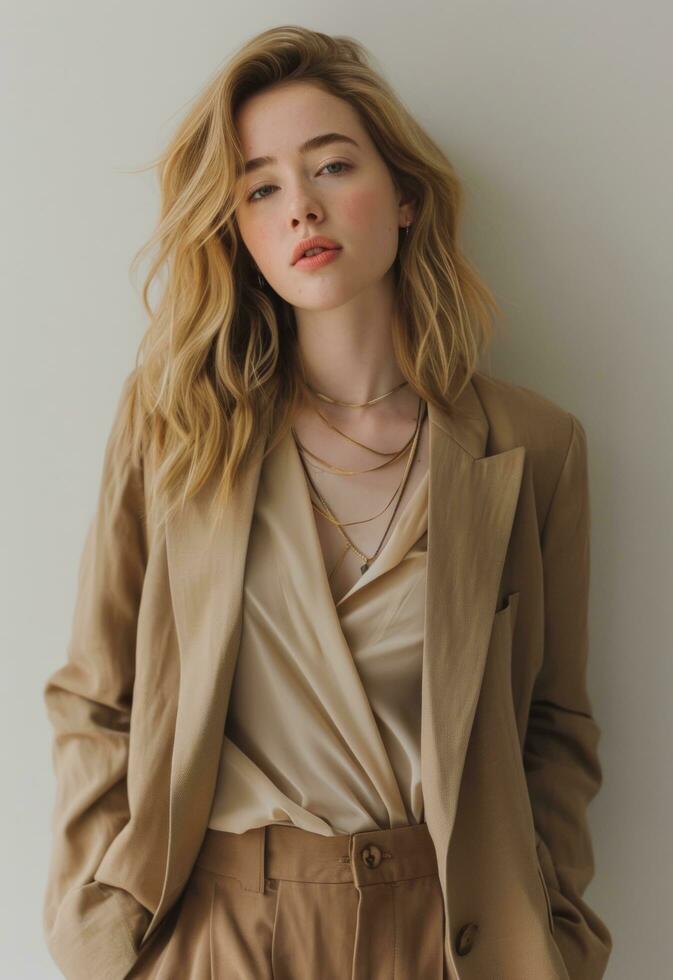AI generated blond hair woman in beige with brown blazer and pants photo