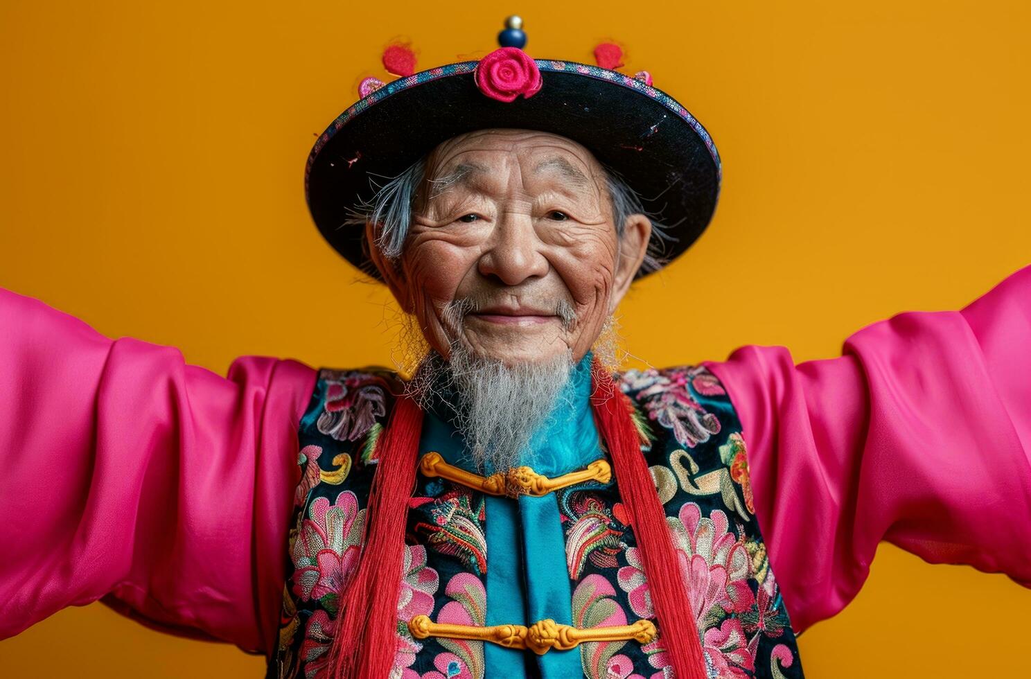 AI generated an old man dressed in pink and black holding his arms up photo