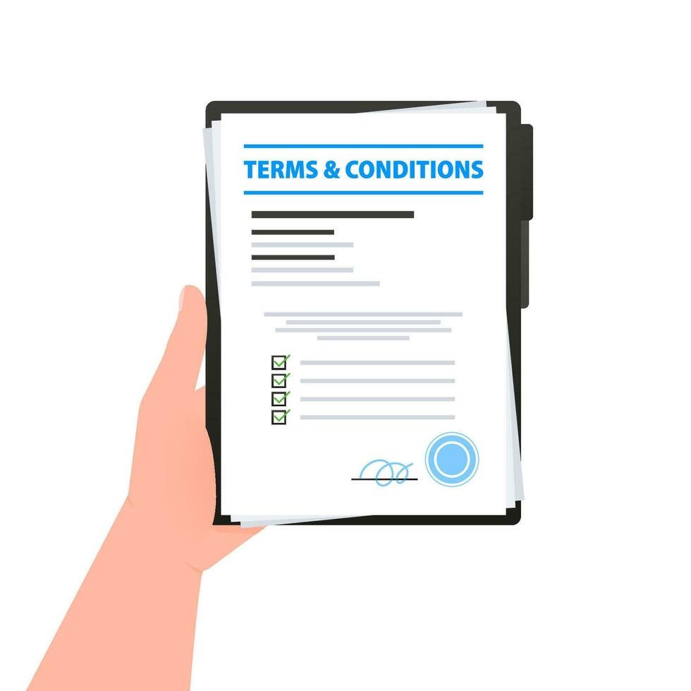 Terms and conditions document. Legal agreements between a service provider and a person who wants to use that service. Vector stock illustration.