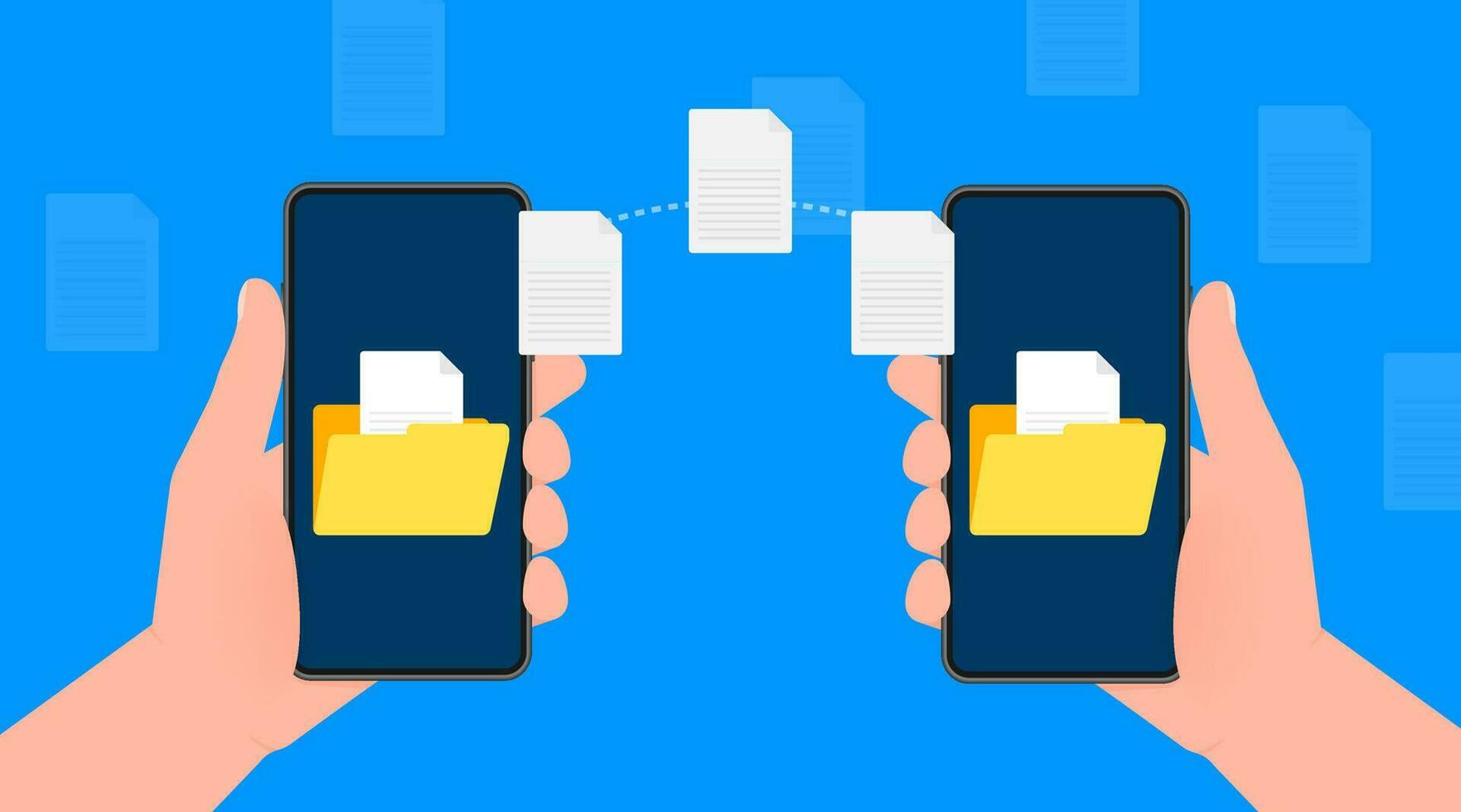 Modern flat icon with file transfer from smartphone to smartphone on blue background. Document icon vector. Isometric vector. vector