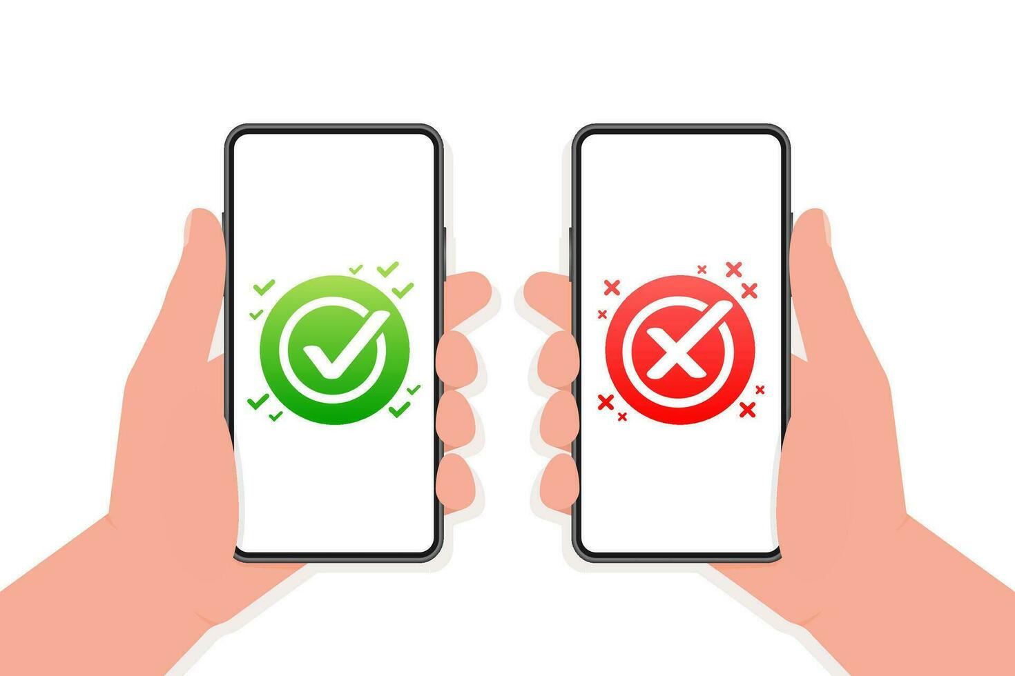 Check mark button with yes and no on smartphone screens. Flat simple style trend modern red and green checkmark vector