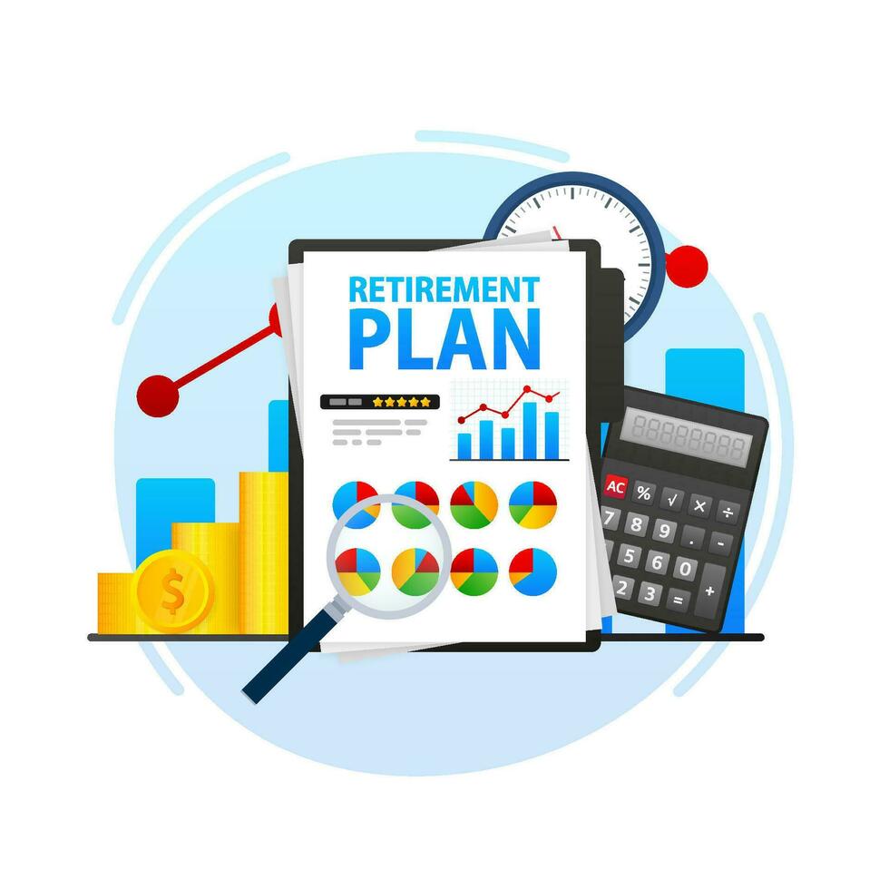 Retirement plan. Saving money for future. Diagrams and charts. Vector illustration.