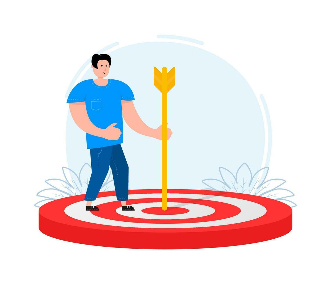 Team target or achievement. A man stands on a target and holds an arrow. Customer attraction vector