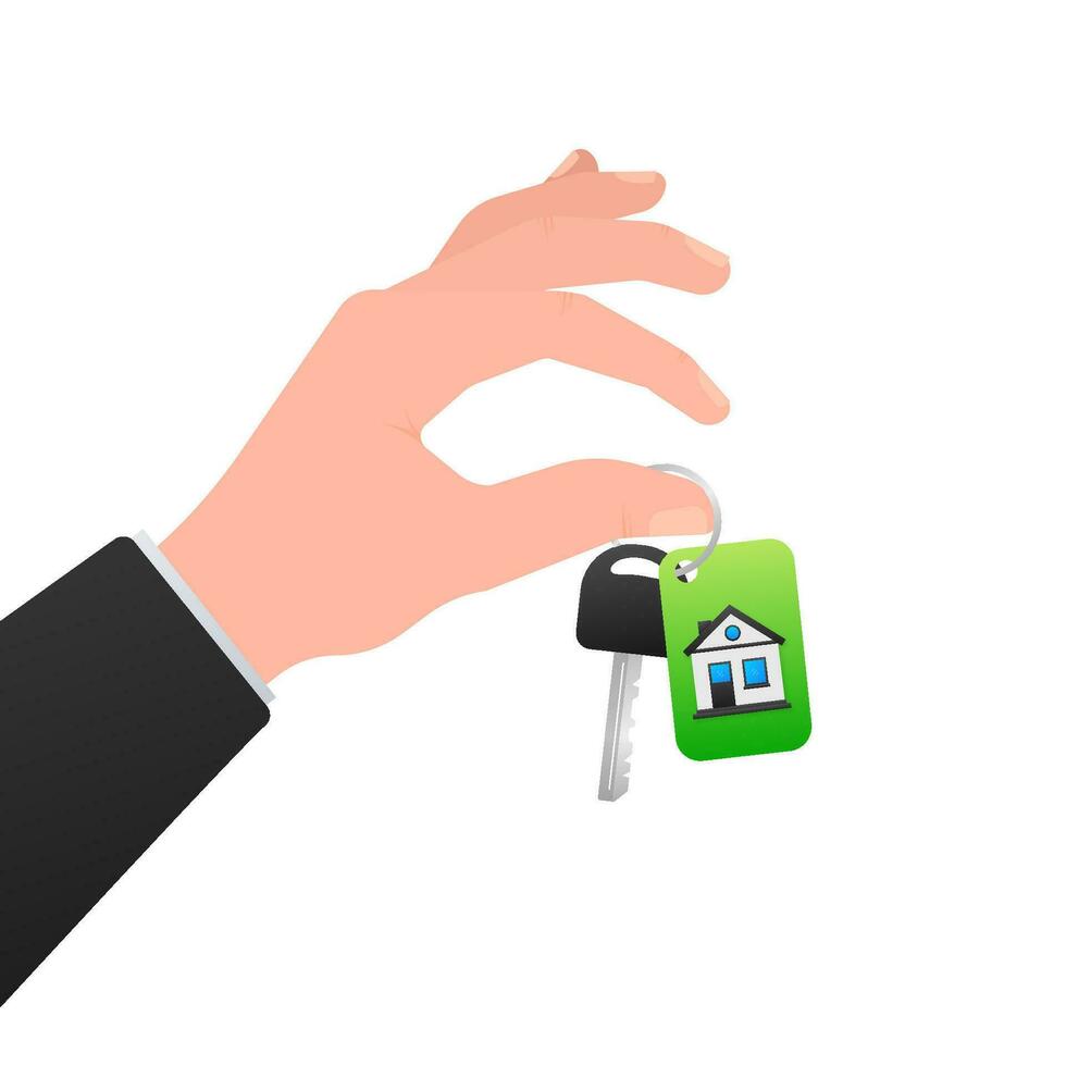 Hand holding house and house key. Buying house. Mortgage and Paying Credit to Bank. vector