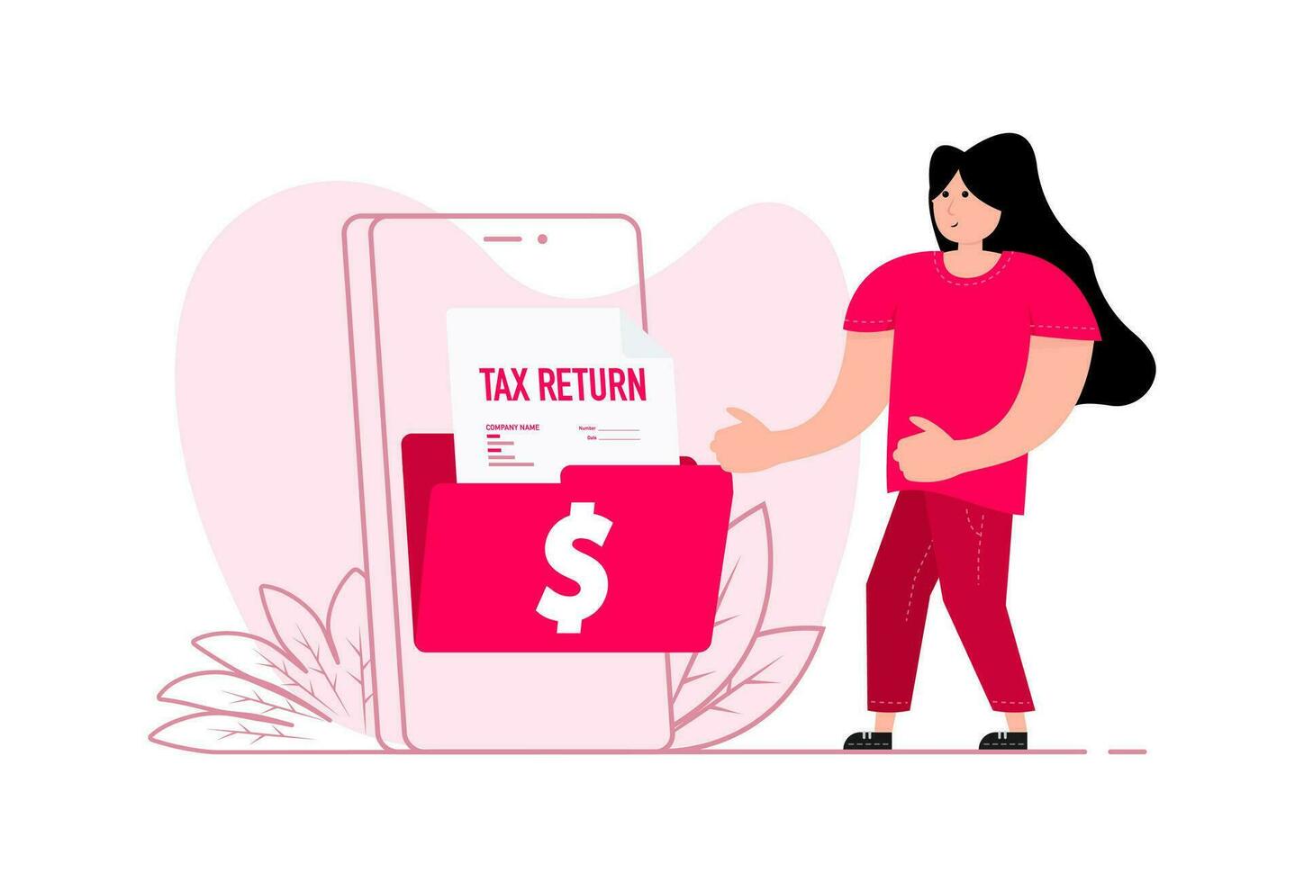 A woman stands near the smartphone, on the screen Tax return document. Tax declaration vector