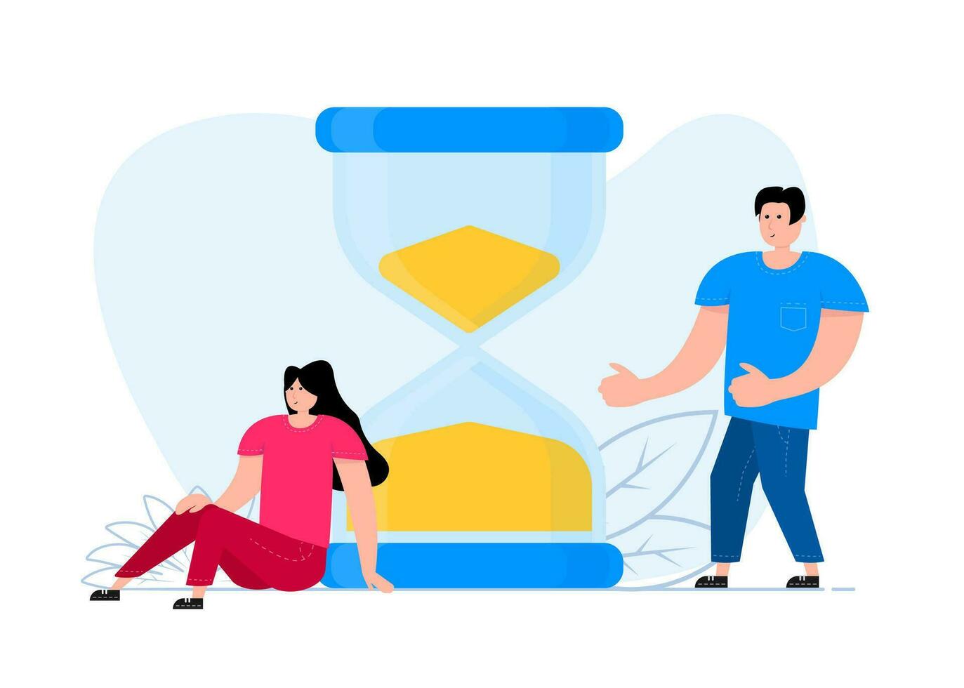 Man and woman stand near hourglass, alarm clock. Team working. Time management. vector