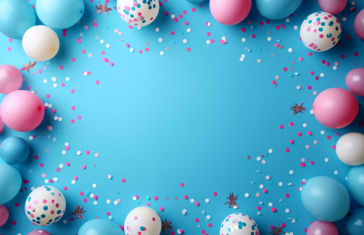 AI generated confetti, balloons and decorations arranged in a circular pattern over a blue background photo