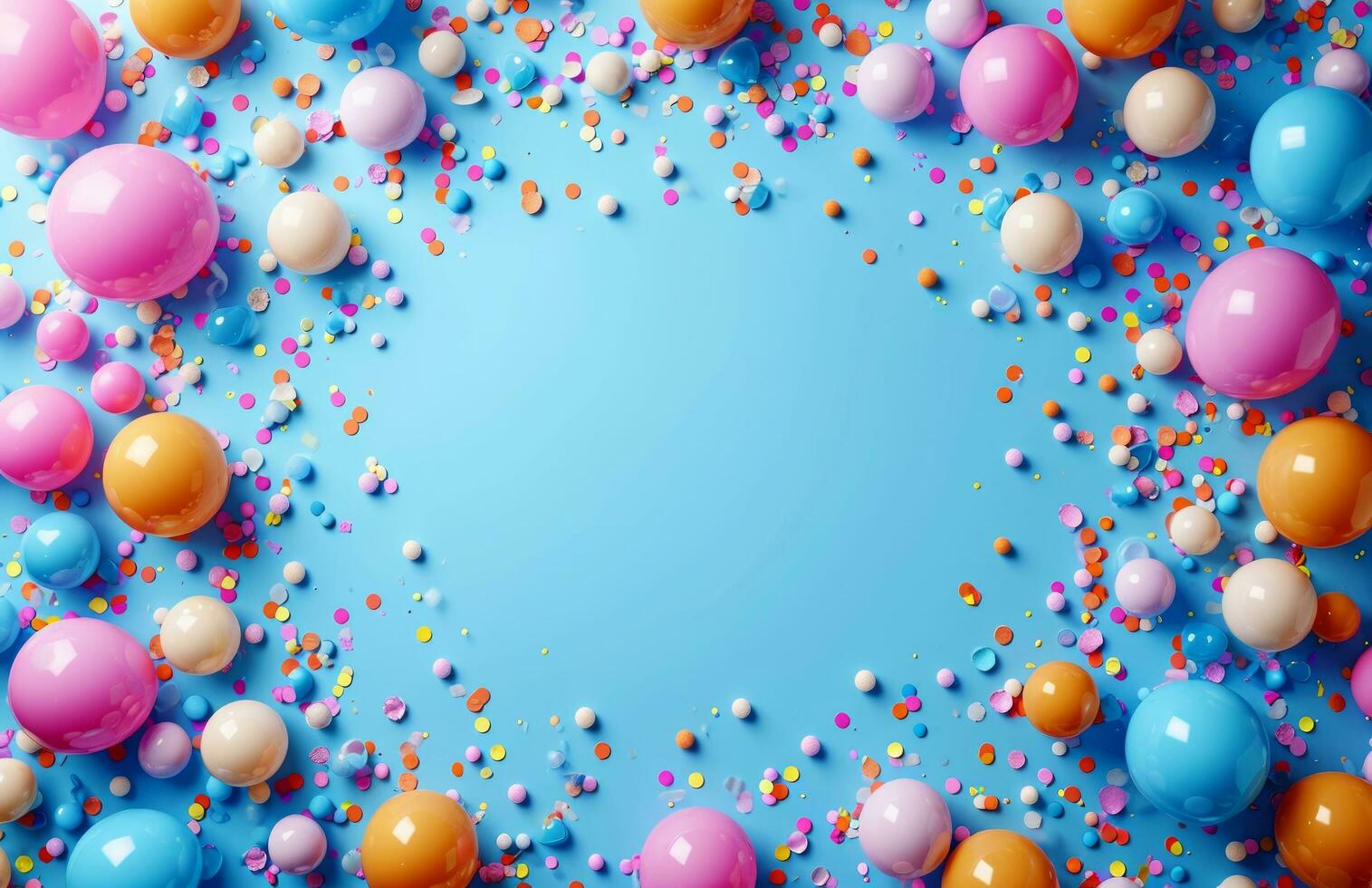 AI generated confetti, balloons and decorations arranged in a circular pattern over a blue background photo