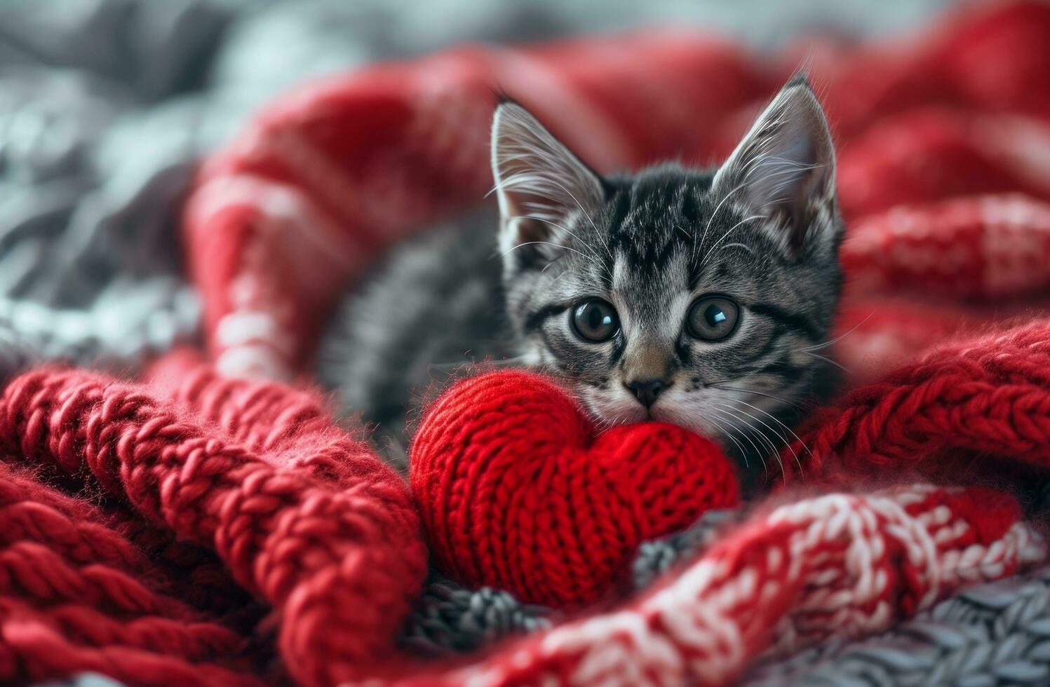 AI generated black and silver cat has big heart and he loves to knit photo