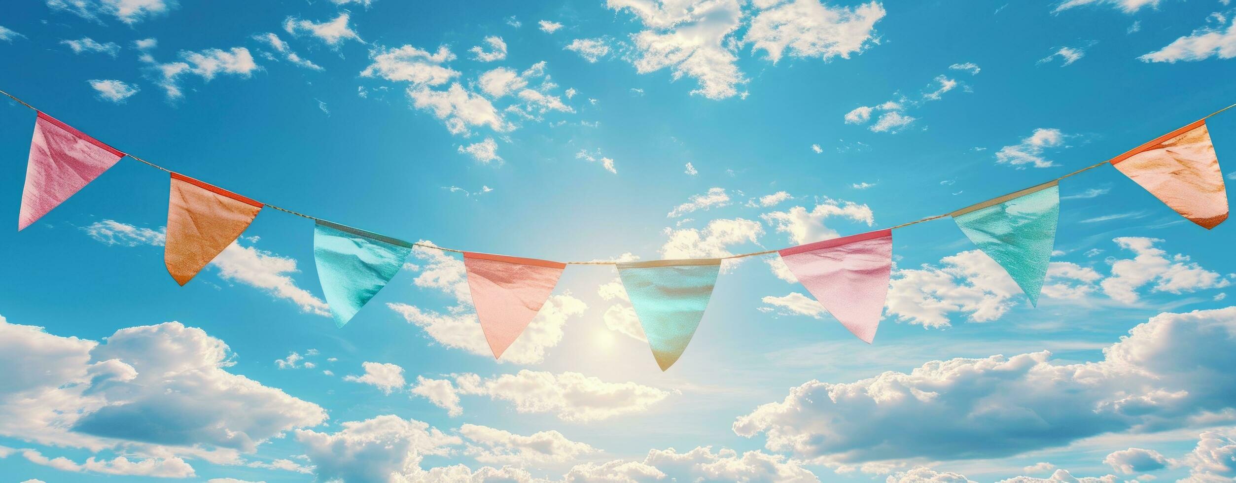 AI generated decorative flags hanging at the sky and clouds photo