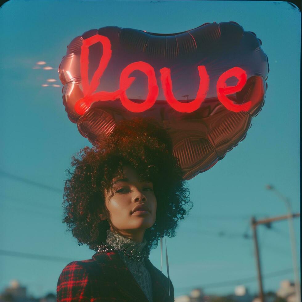 AI generated a black girl with curly hair standing up holding a love balloon photo