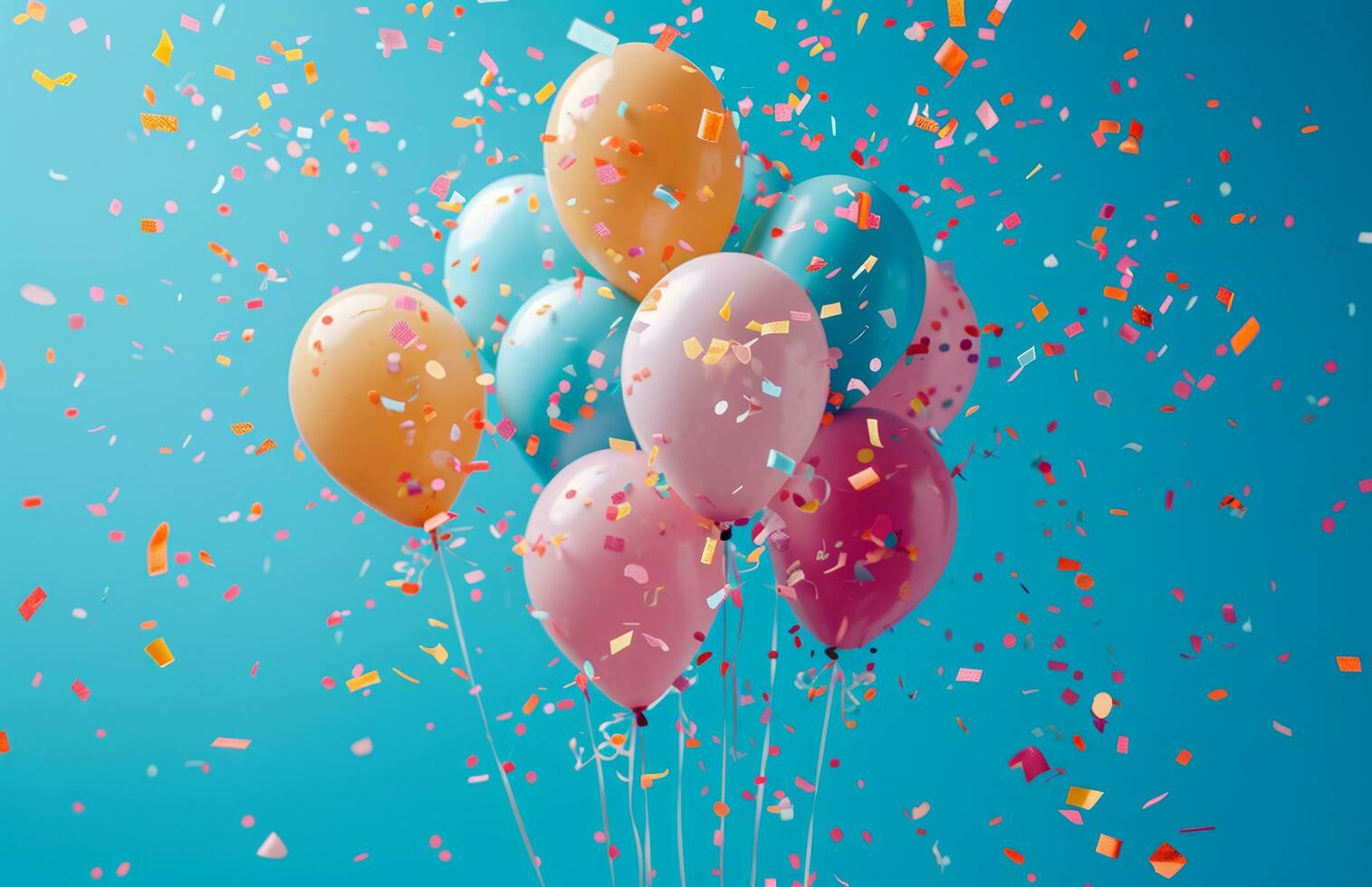 AI generated colorful balloons and confetti is thrown on a bright blue background photo