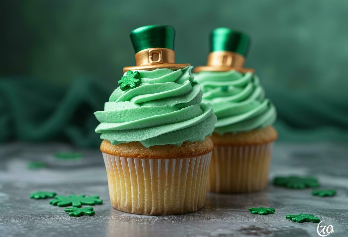 AI generated two cupcakes with the leprechaun hat on top photo