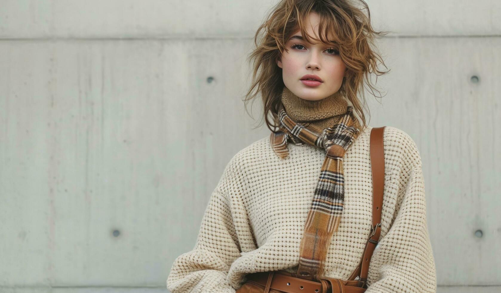 AI generated a model wearing a turtle neck sweater, plaid shirt and leather pants photo