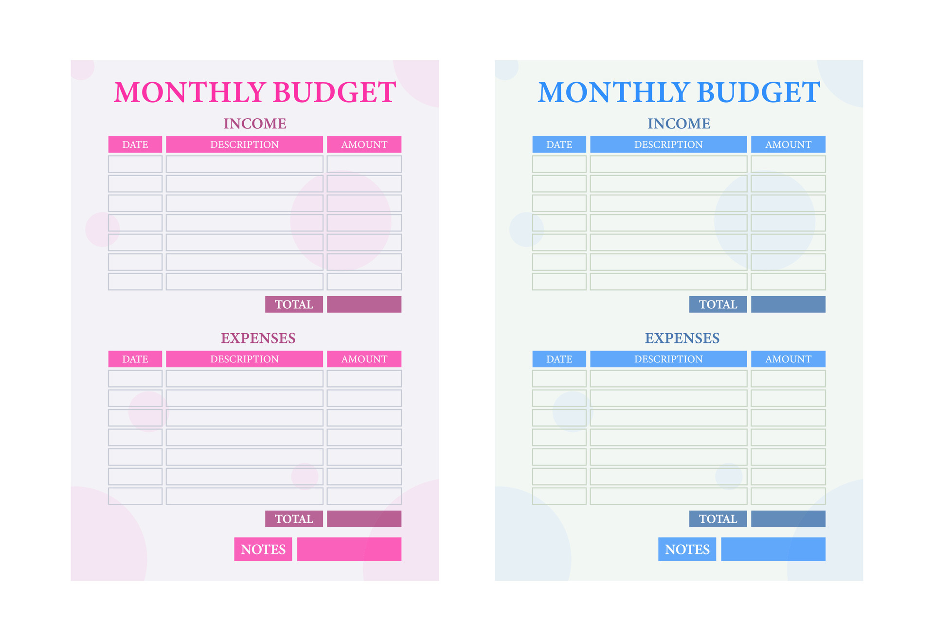 Monthly budget planner. and expense tracker. Account fixed and