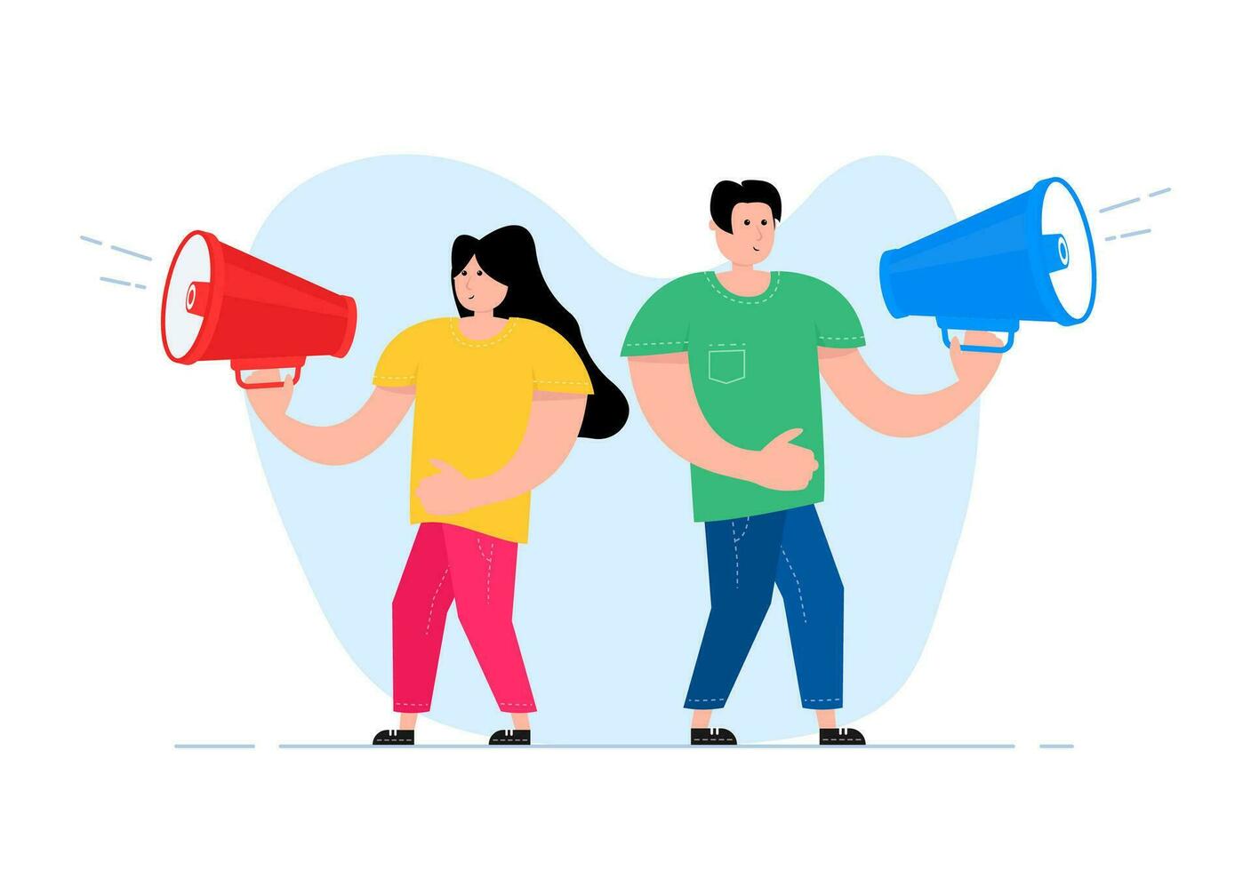 A man and a woman are standing near megaphone. Advertisement campaign, promotion, marketing. vector