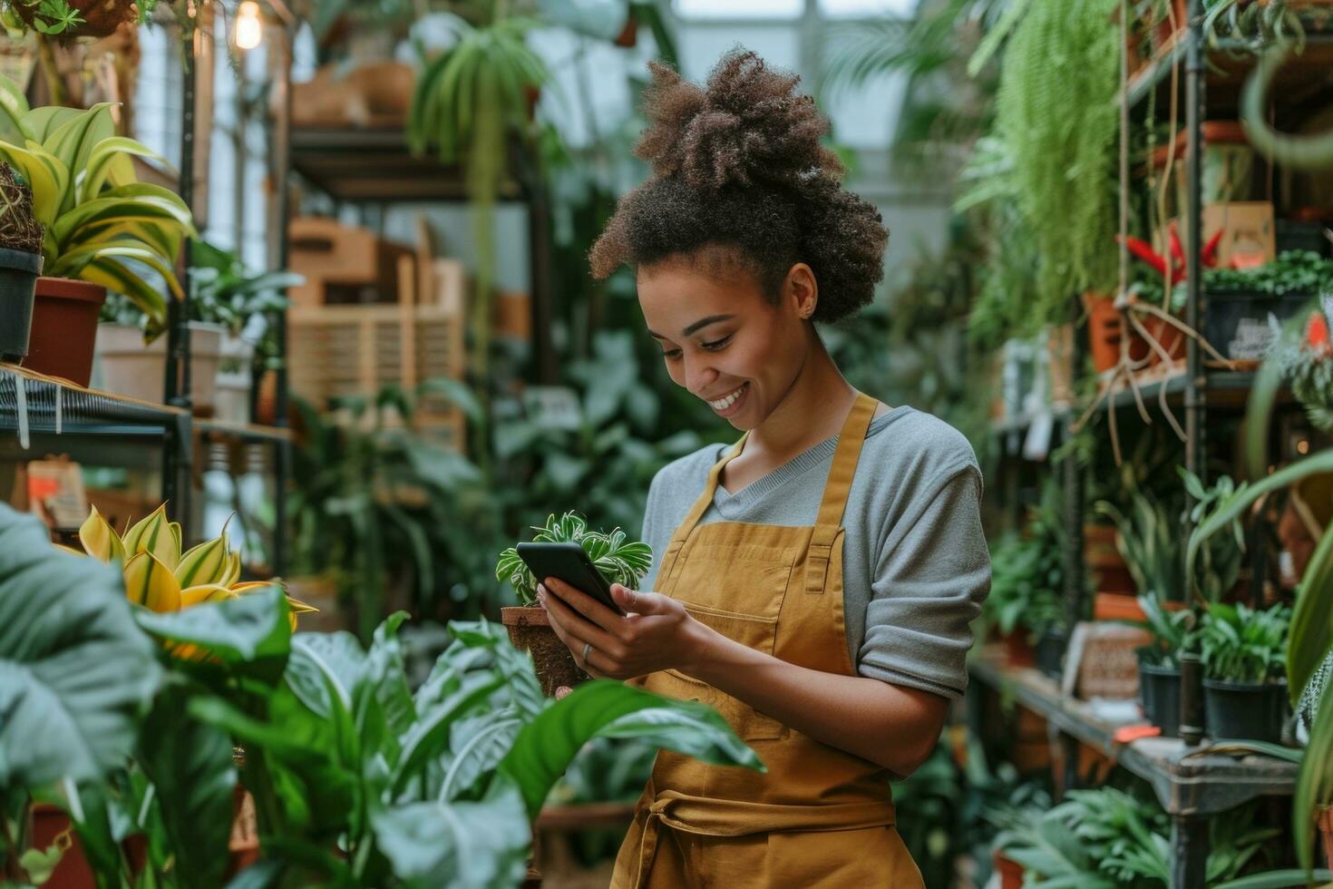 ai generado mujer en delantales en pie en un jardín Tienda comprobación fuera plantas en su teléfono foto