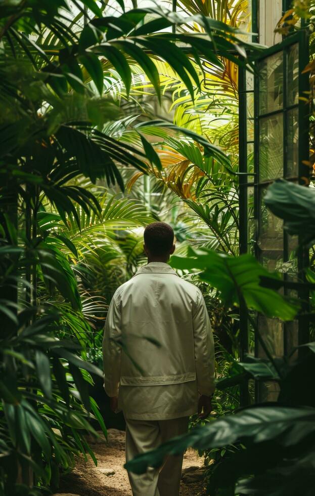 AI generated man in white jacket walks past a scene filled with green leaves photo
