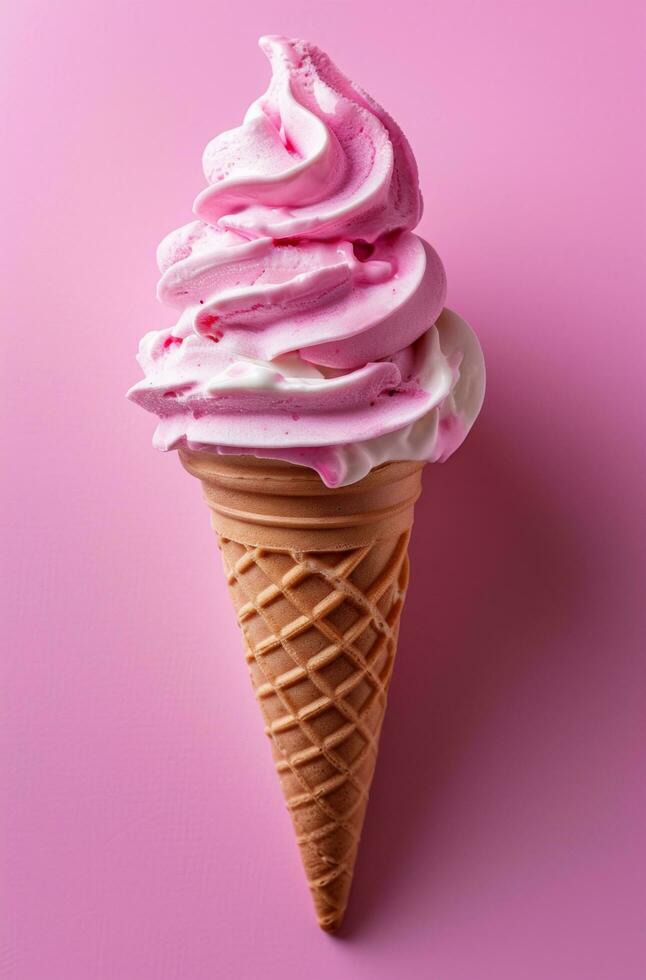 AI generated ice cream cone with cream in background on pink background photo