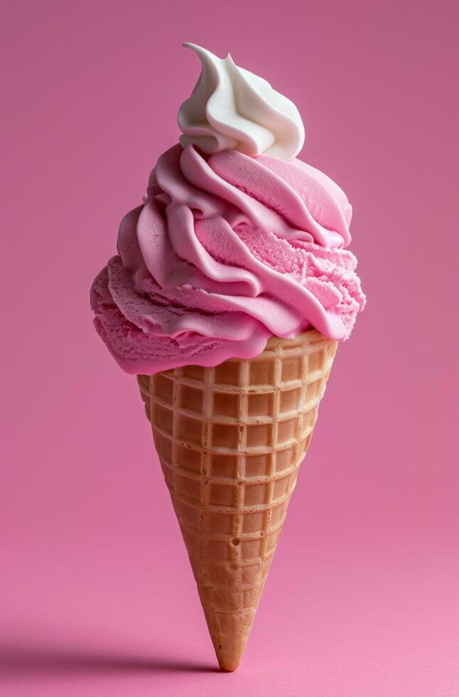 AI generated ice cream cone with cream in background on pink background photo