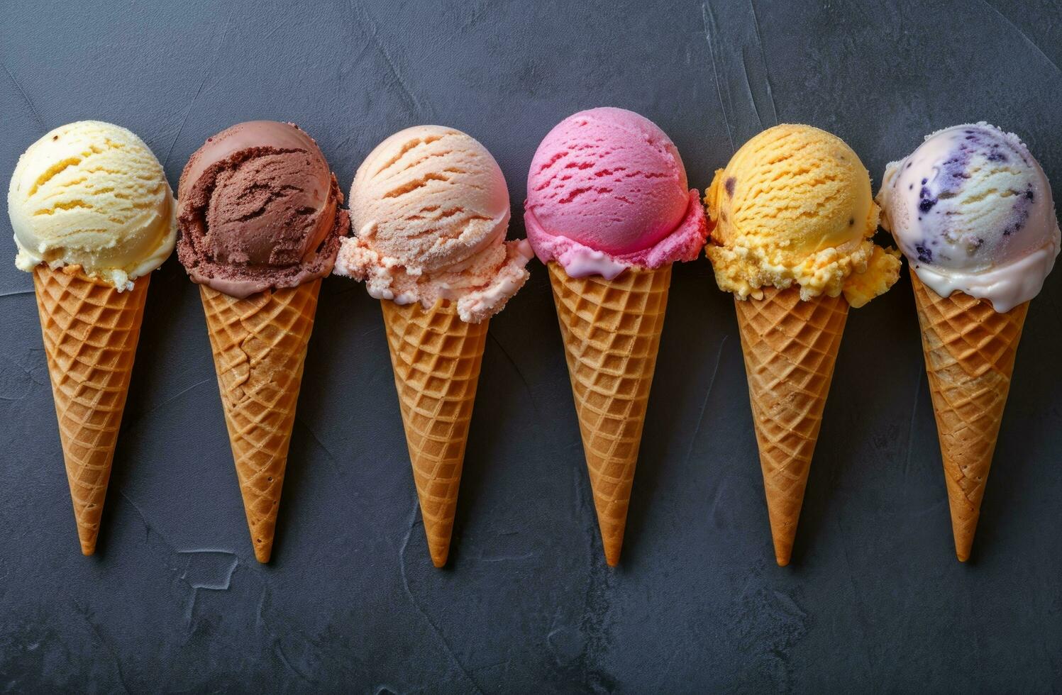 AI generated ice cream cones with different flavours of ice cream photo