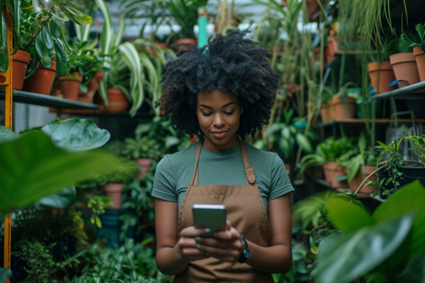 ai generado mujer en delantales en pie en un jardín Tienda comprobación fuera plantas en su teléfono foto