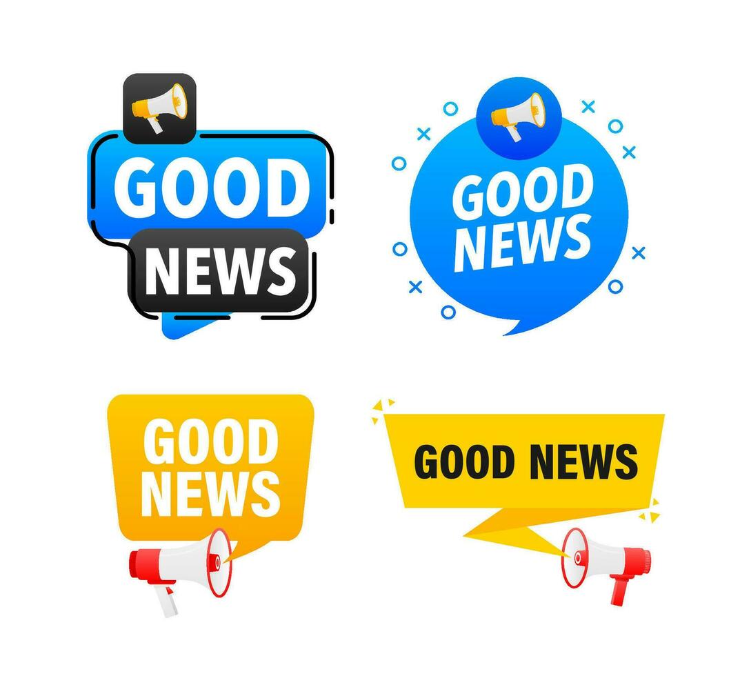 Megaphone label set with text good news. good news announcement banner vector