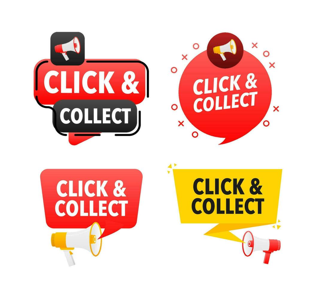 Megaphone label set with text Click and Collect. Click and Collect announcement banner vector