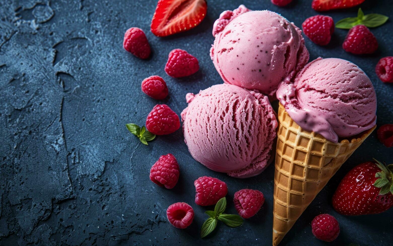 AI generated ice cream with strawberries and raspberries and waffle cones photo