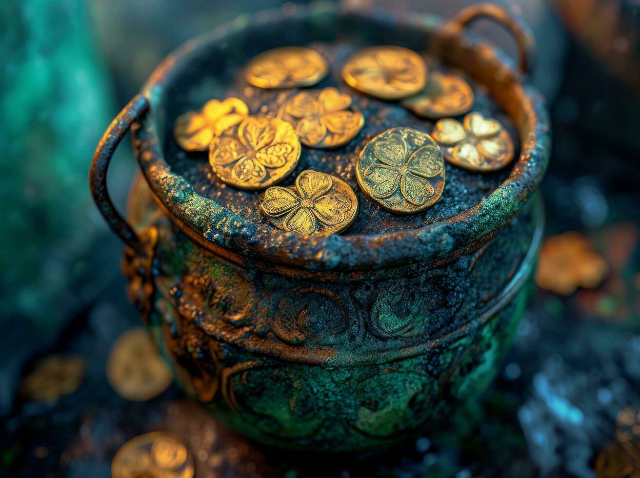 AI generated the pot of coins with five shamrocks on it photo