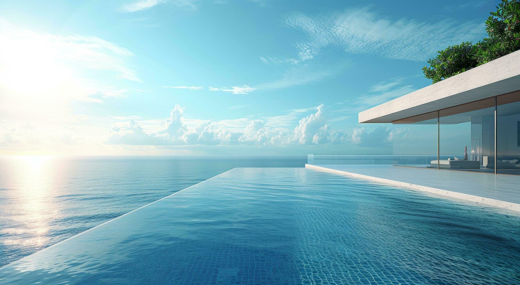 AI generated a huge swimming pool and beach on a terrace of a home photo