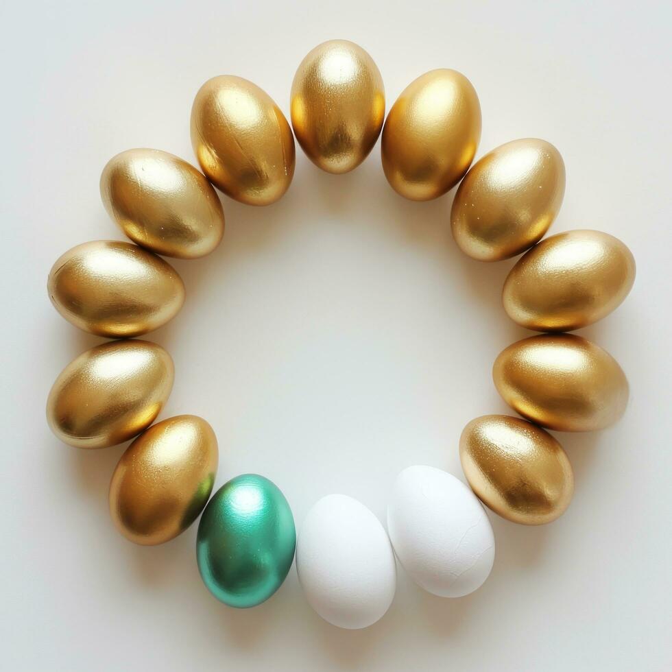 AI generated gold eggs in a circle on a white surface photo