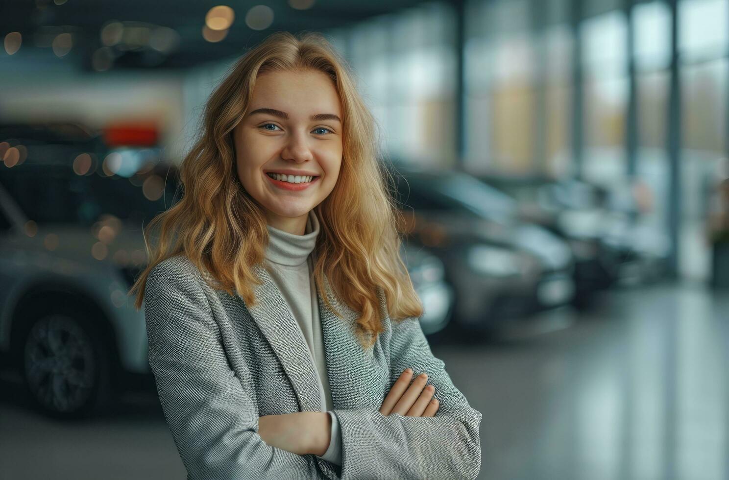 AI generated girl smiling in the front of car showroom photo