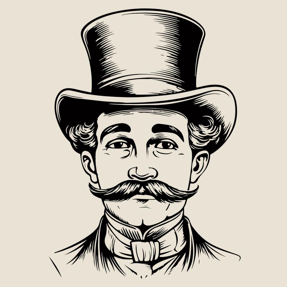 retrato de un Inglés Caballero con un Bigote en un traje y parte superior sombrero mano dibujado bosquejo ilustración. vector