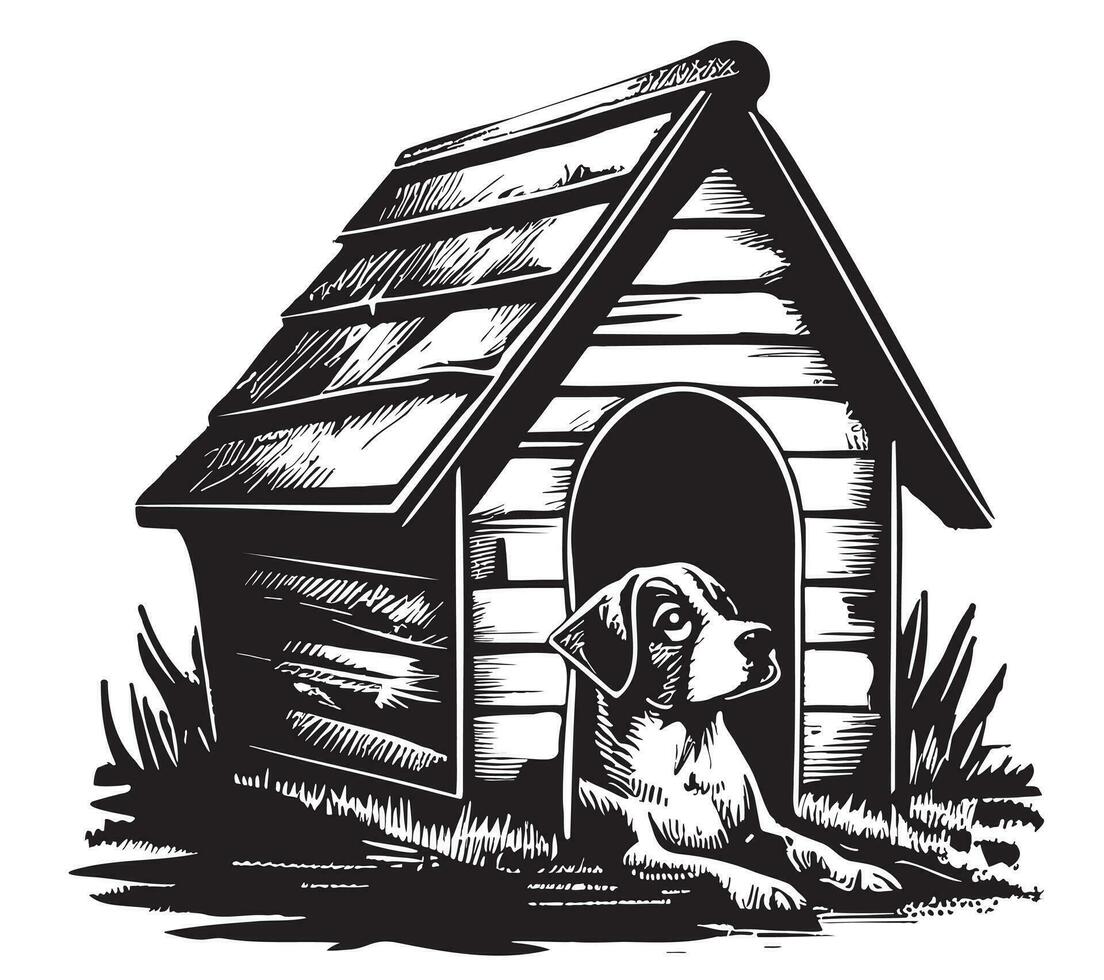 Dog house with dog sketch, hand drawn in doodle style Vector illustration