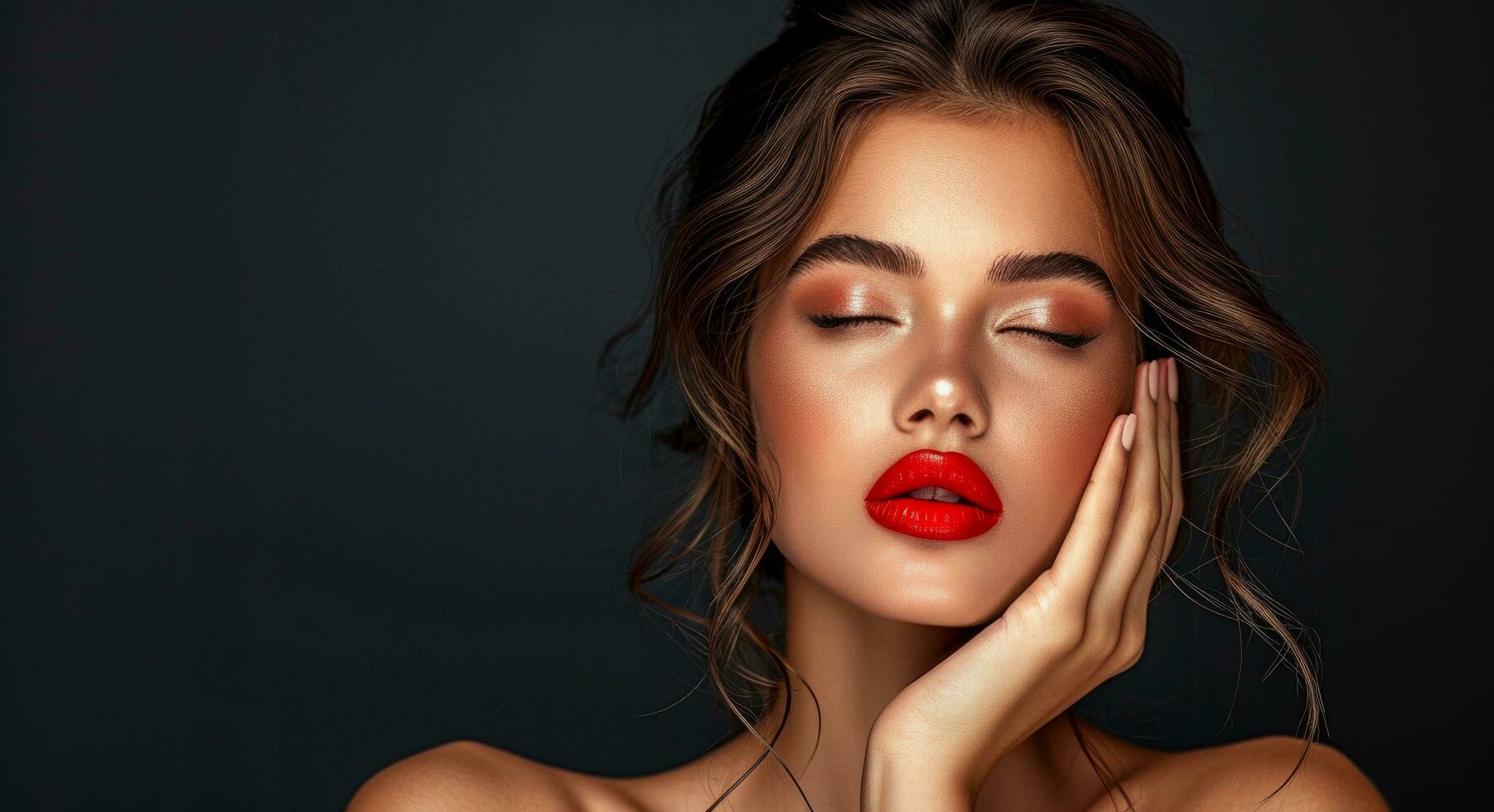 AI generated you can see a beautiful woman using red lipstick photo