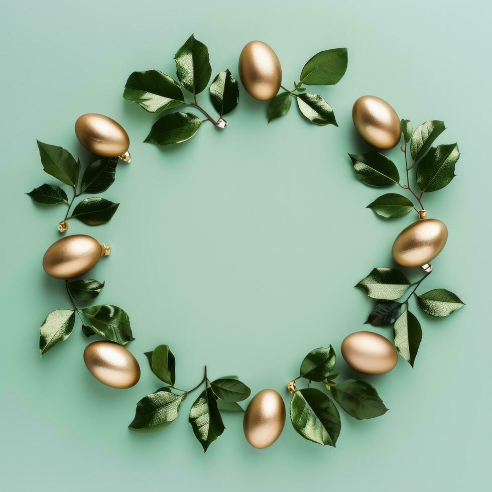 AI generated easter in circle with gold eggs and leaves photo