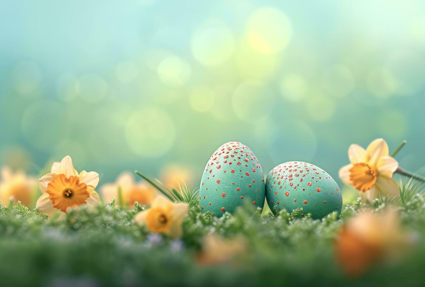 AI generated eggs are sitting in the grass and are decorated with bright colors and daffodils photo