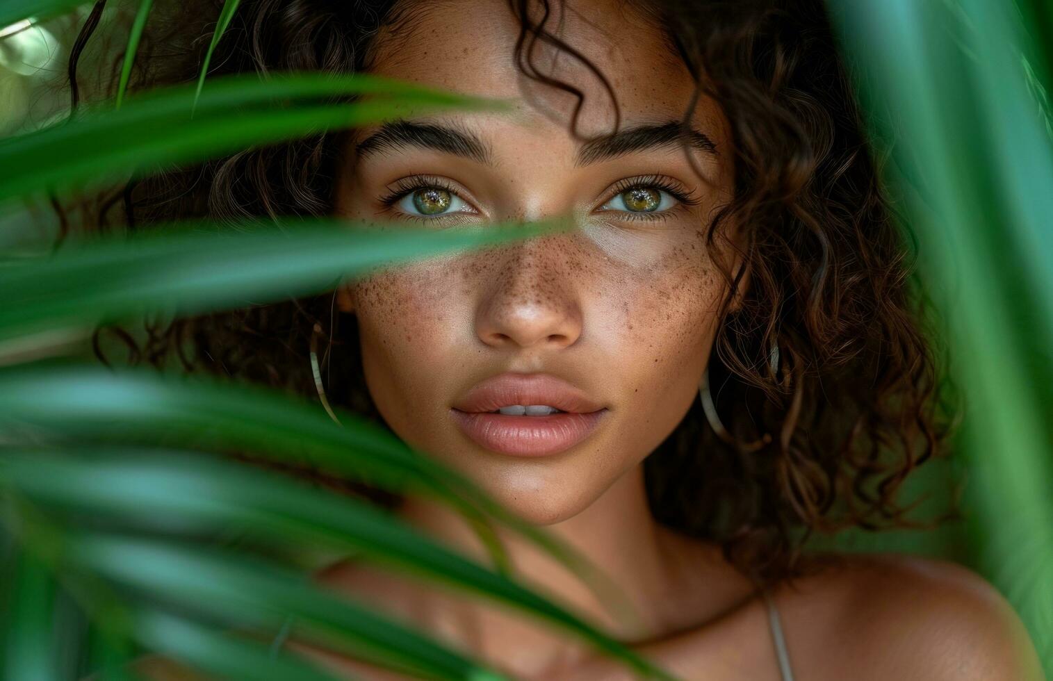 AI generated newcomer girl posing amongst tropical palms, green and bronze, bold and dynamic lines, candid photo