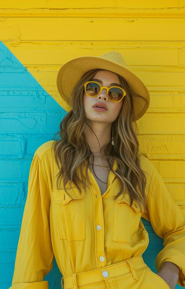 AI generated woman wearing yellow pants hat with sunglasses photo